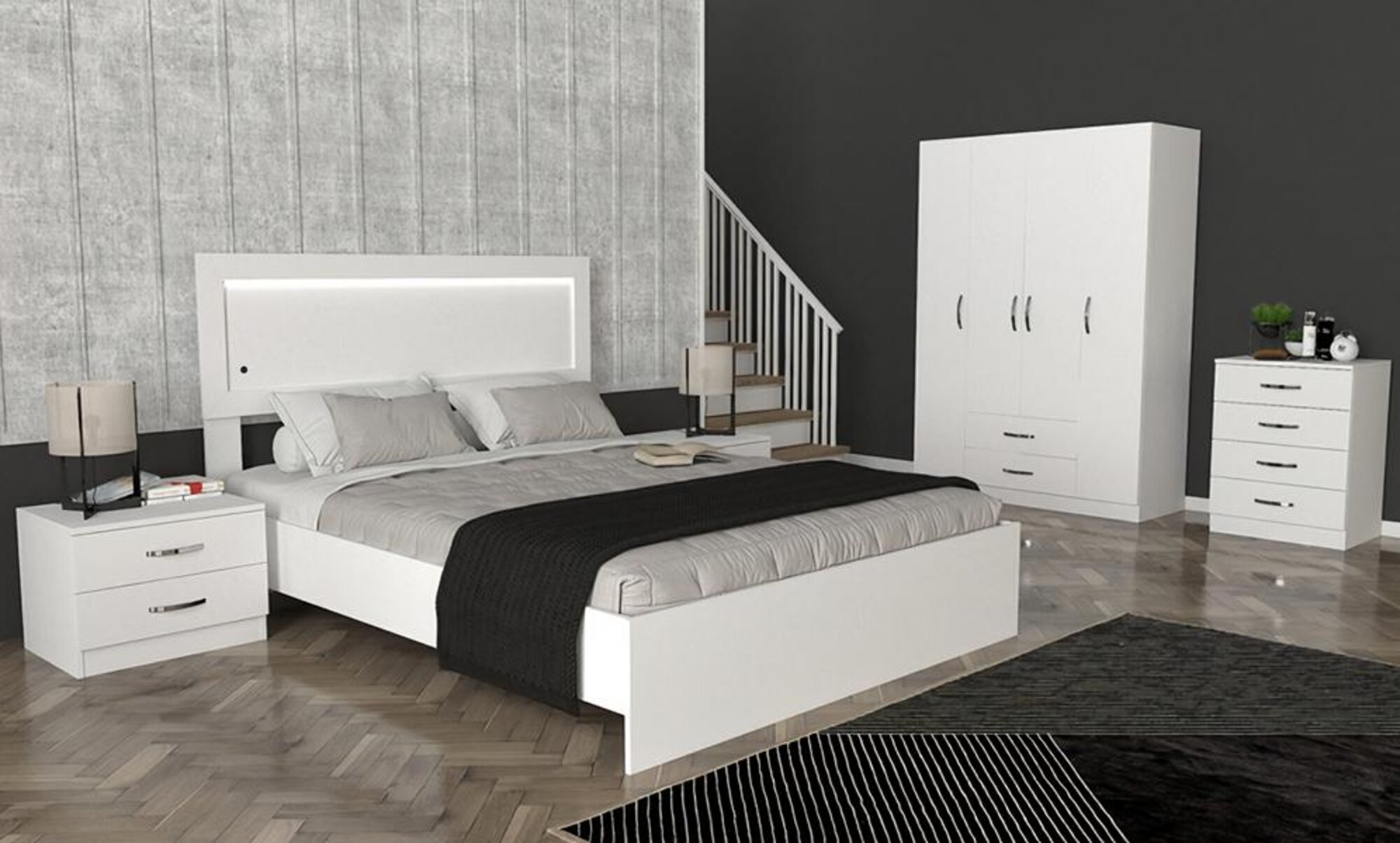 Comfortable bedroom furniture set 2x nightstands, chest of drawers, bed, cabinet 5 pieces.