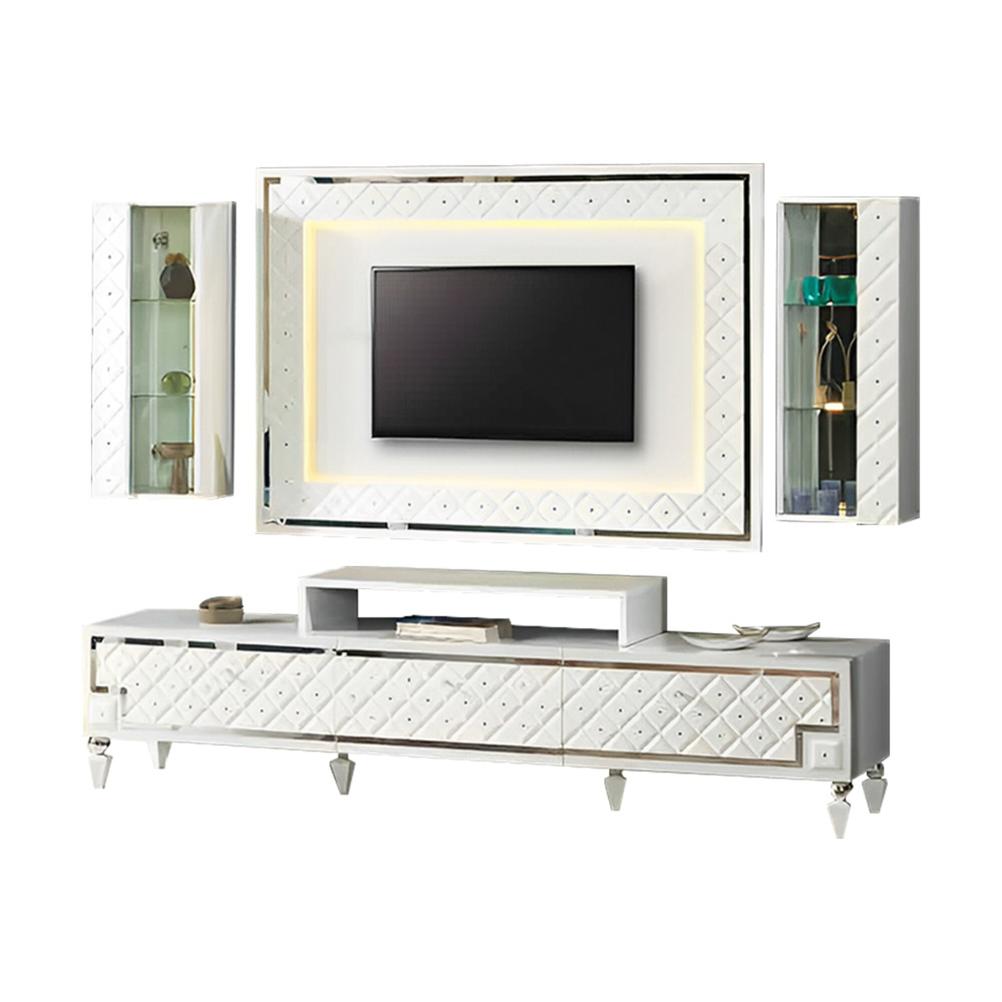 Living room wall TV stand sideboard RTV lowboard white wood wall cabinets 4-piece set