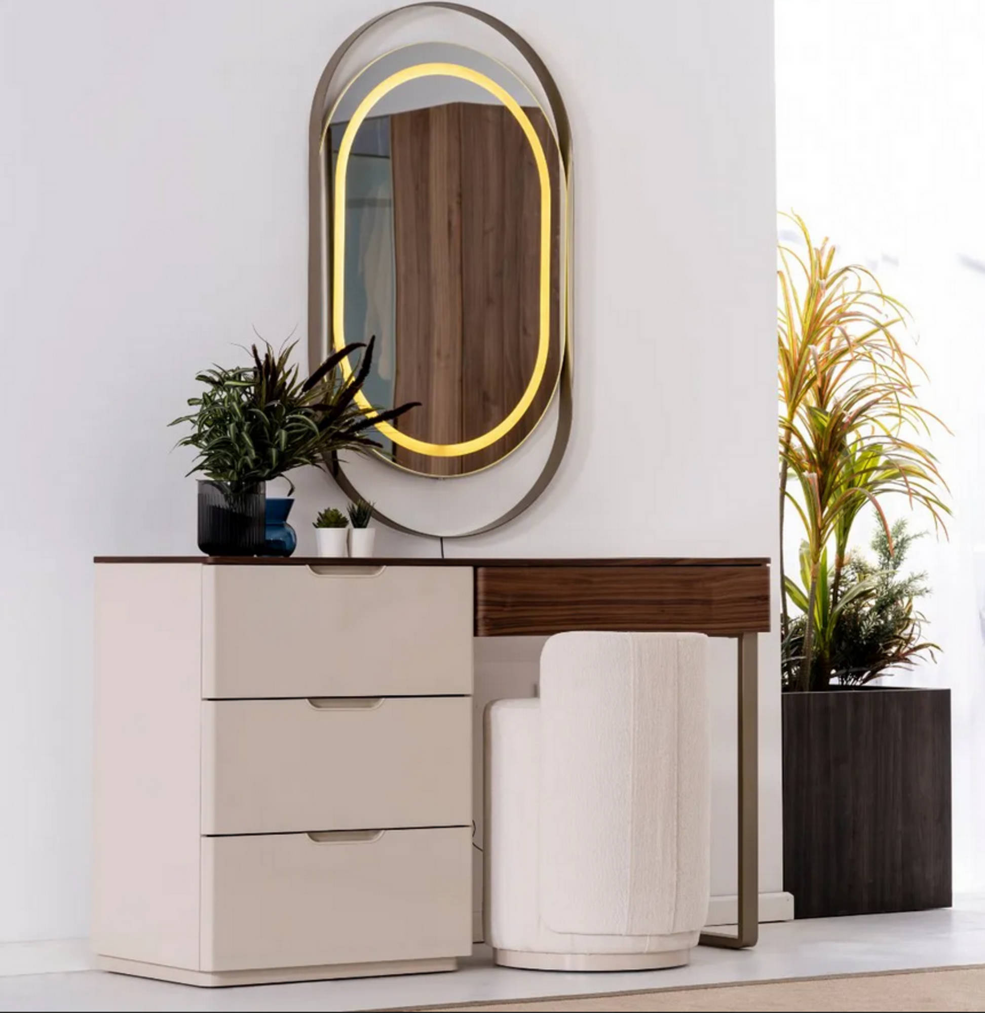 Beige makeup table mirror bedroom cosmetics table luxury 2-piece set