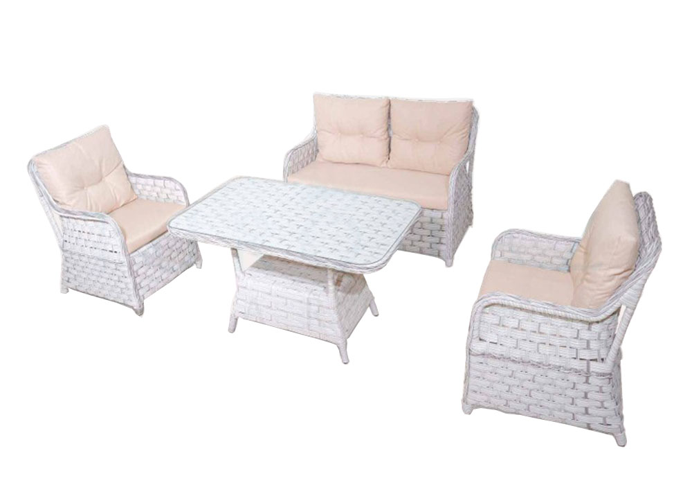 Modern garden furniture set 4-piece. Designer 2-seater, 2 upholstered armchairs, coffee table.