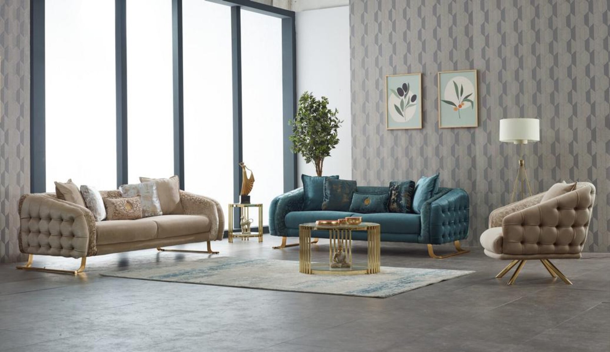 Beige 3-piece fabric sofa set including a three-seater and armchair.