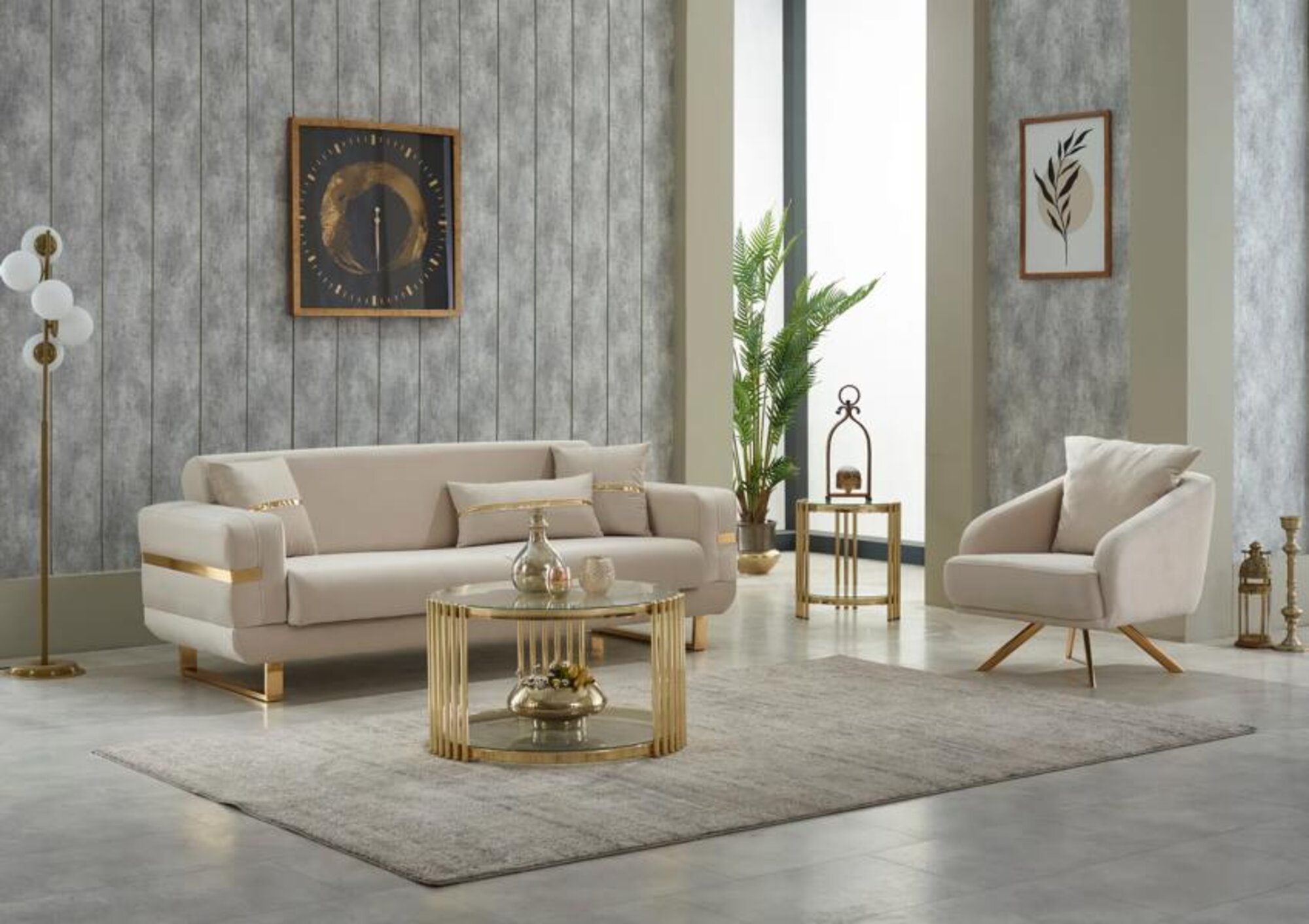 Sofa set three-seater sofa fabric sofa upholstered sofa beige armchair 2-piece