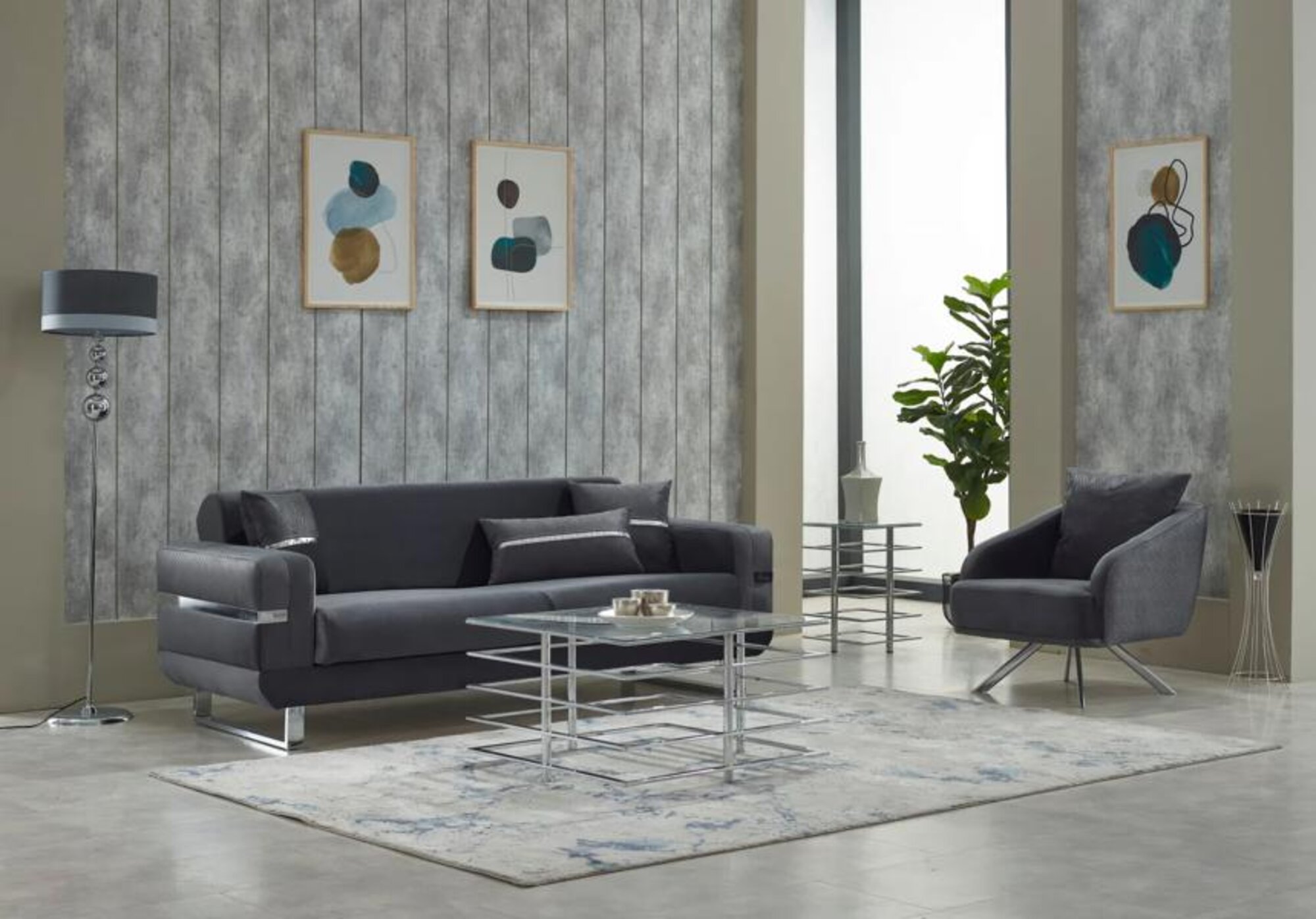 Sofa set three-seater fabric sofa upholstered sofa gray armchair 2-piece couch