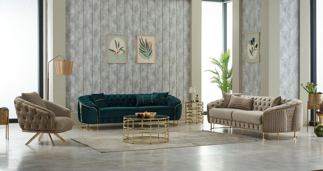 Complete couch set upholstered sofa three-seater armchair beige fabric 3-piece