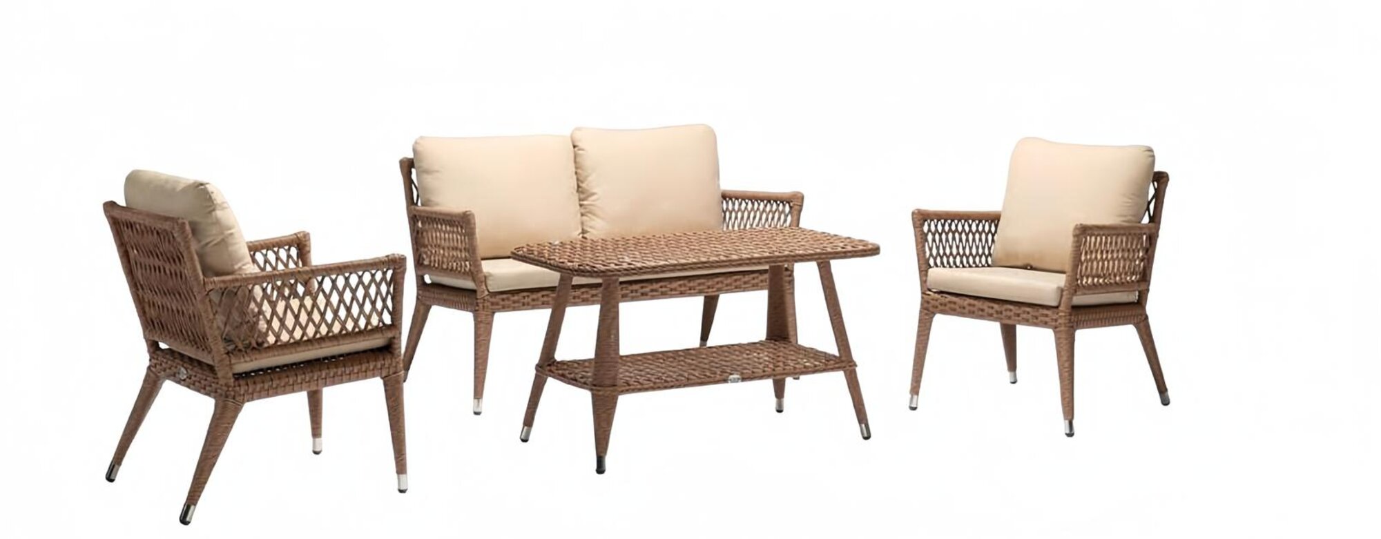 Sofa set Sofa 2-seater Luxurious rattan Modern 2x armchairs Coffee table Brown