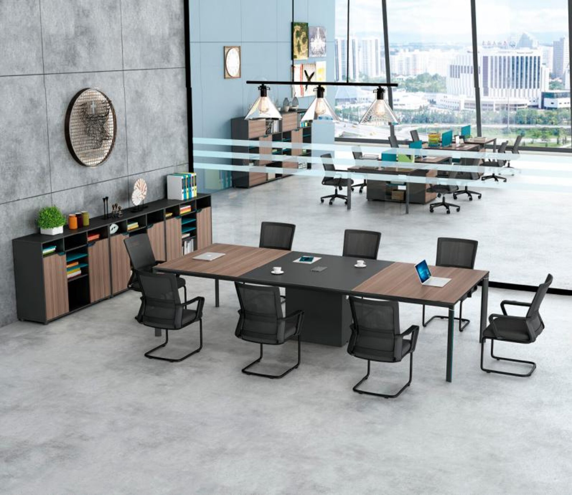 Complete office conference table cabinets office desk black wood 4 pieces
