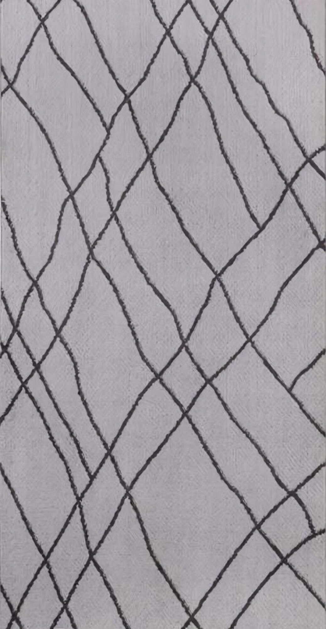Gray rug, art rug, synthetic fiber rug, short pile, black, lines.