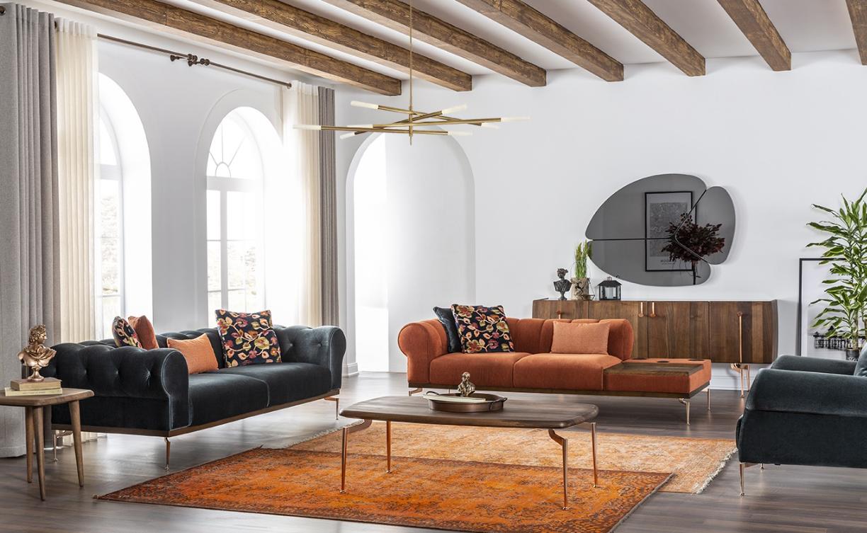 Sofa Set 321 Seater Sofa Sofas Fabric Sound System Blue Orange Armchair