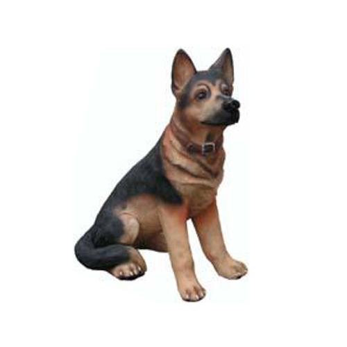 Decorative garden sculpture designed as a natural colored sitting german shepherd (A117)