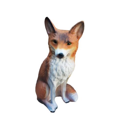 Decorative garden sculpture designed as orange white colored sitting fox cub 48 cm