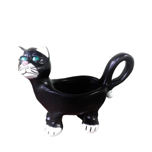 Decorative flower pot designed as a motley black white colored standing cat 35cm