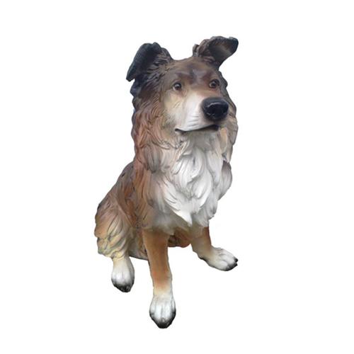 Motley dark brown white colored decorative sculpture designed as a shaggy sitting dog 45cm