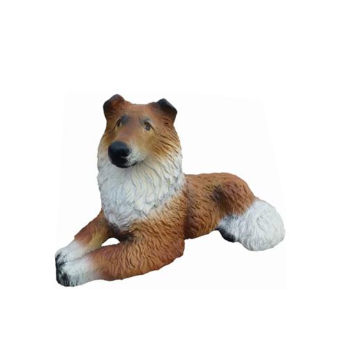 Motley white light brown colored decorative garden sculpture of a lying dog 25x40cm (A419)