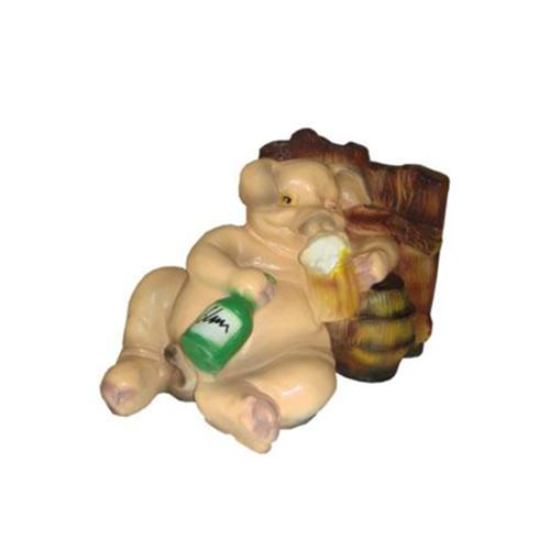 Deco figure of a pink drunk pig with a beer lean against barrels 25cm