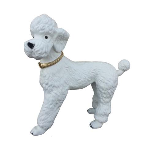 White colored deco figure designed as a shaggy standing poodle with a golden necklace 54cm
