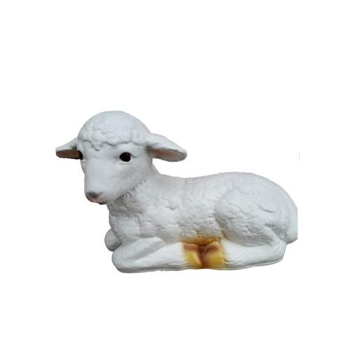 White colored deco figure of resting shaggy lamb with golden hooves 21cm