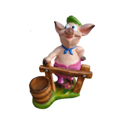 Cartoon colorful deco figure of a pig gardener with a fence & a bucket on a grass 41cm