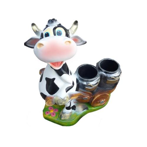 Colorful cartoon deco figure of a motley cow carrying two buckets in a wheelbarrow 54 cm