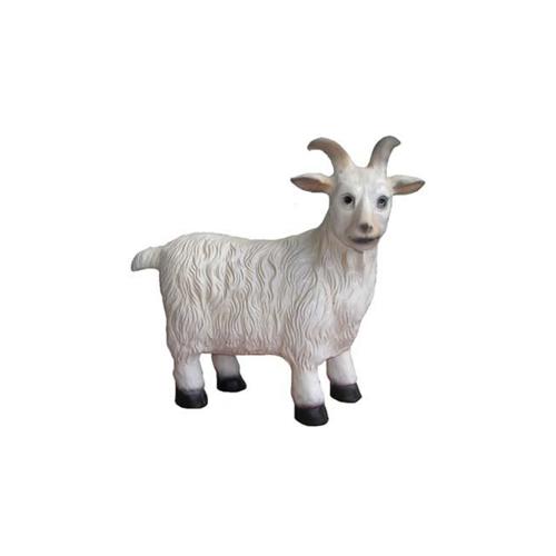 Deco figure designed as a full white colored standing shaggy goat with horns 40cm