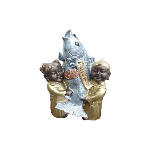 Chinese traditional sculpture designed as babies holding a fish figure 44cm height