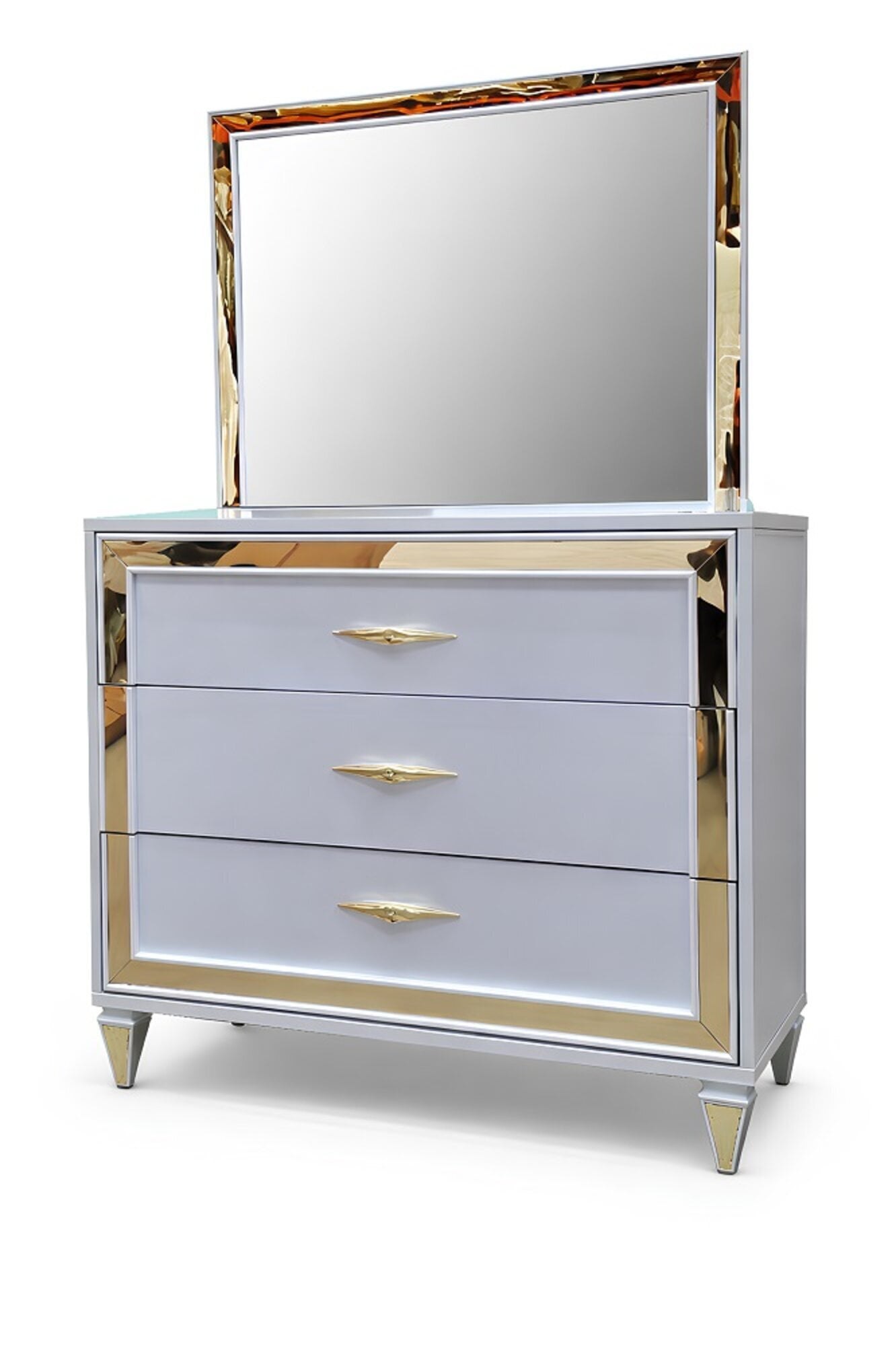 Weiße Schlafzimmer Kommode + Spiegel Holz Möbel Edelstahl Design Sofort
