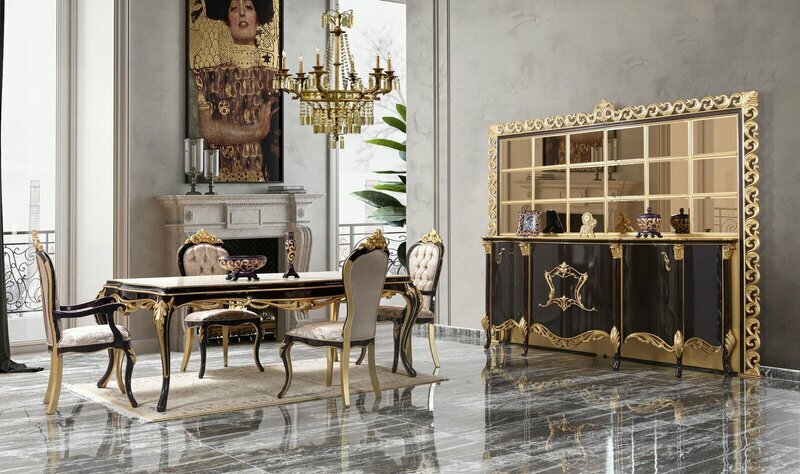 Luxury dining set dining room dining table chairs wood 10pcs brown sideboard