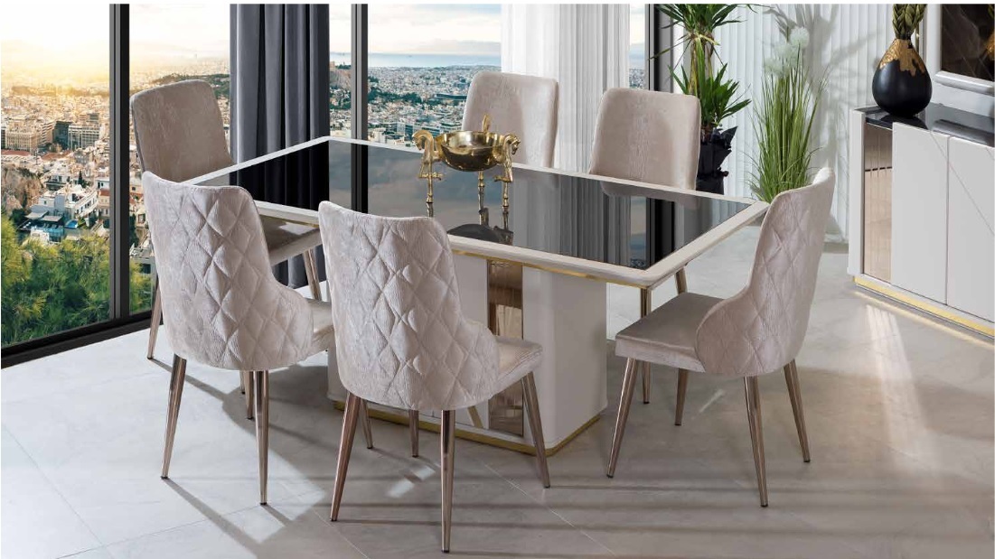 Exclusive dining room set elegant glass table designer upholstered chairs 7-piece Exclusive dining room set elegant glass table designer upholstered chairs 7-piece