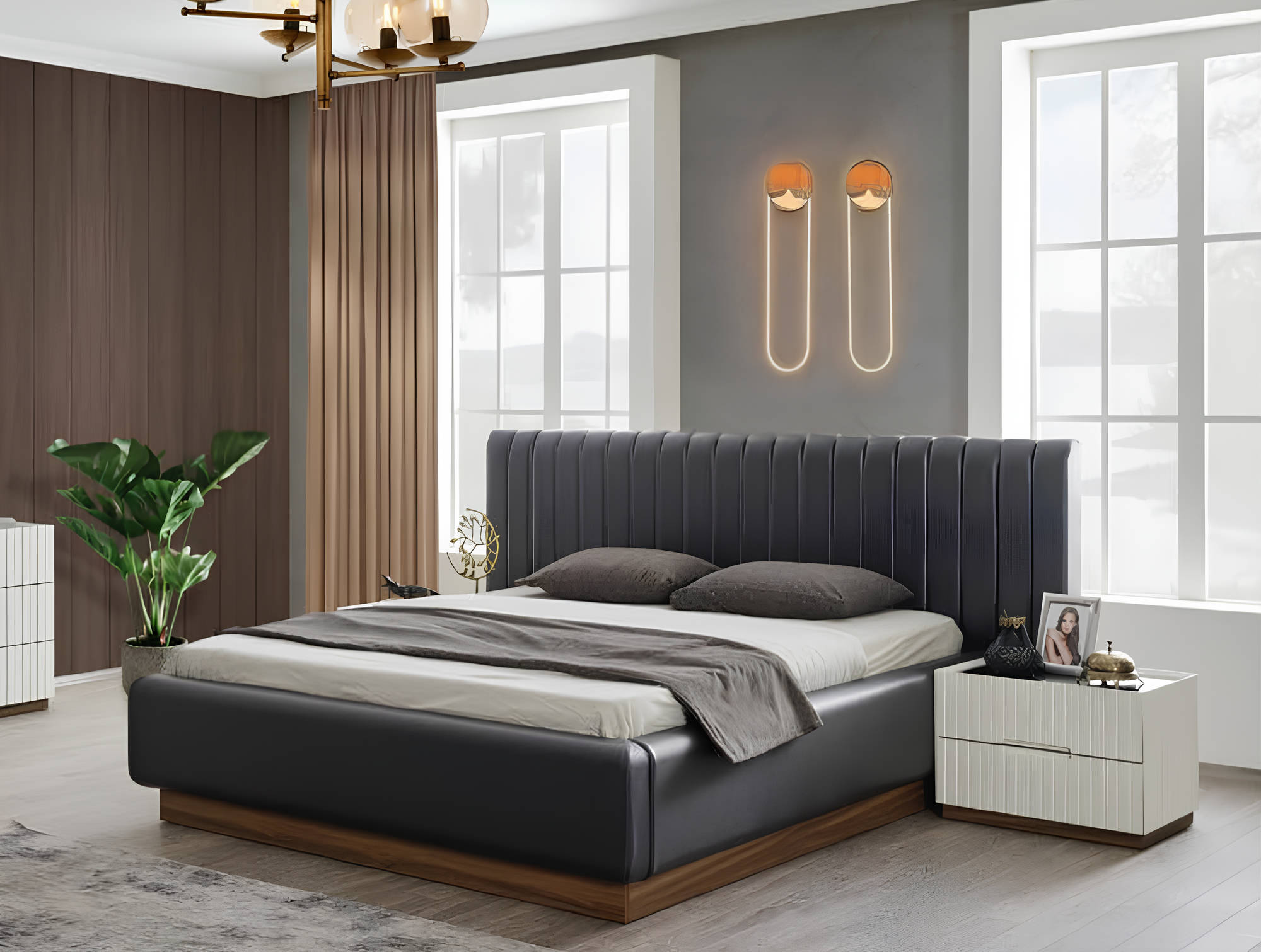 Exclusive gray-white bedroom set upholstered bed with 2 nightstands.