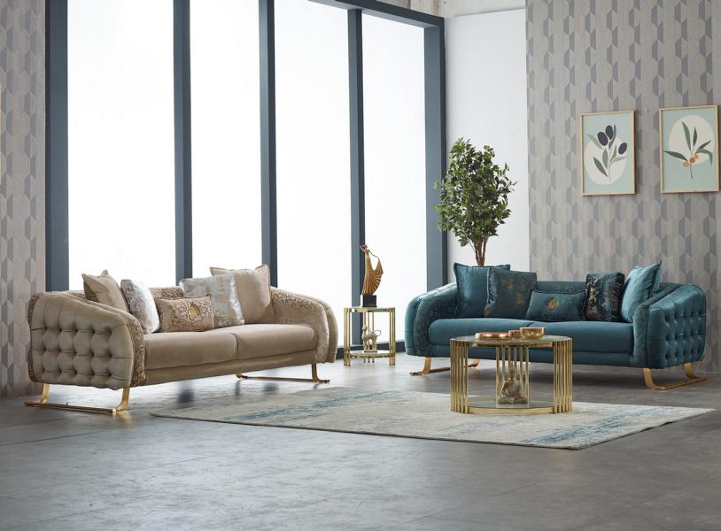 Sofa set three-seater sofa 3-seat fabric sofa upholstered sofa beige blue