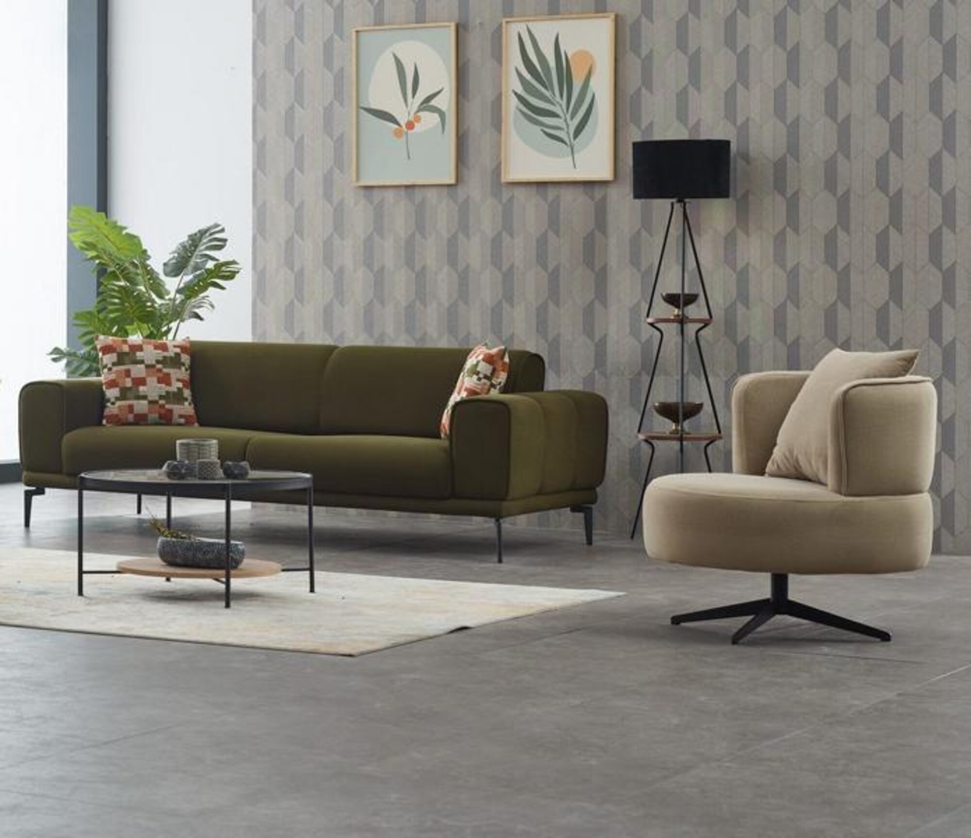 Complete couch set upholstered sofa three-seater armchair green fabric sofa