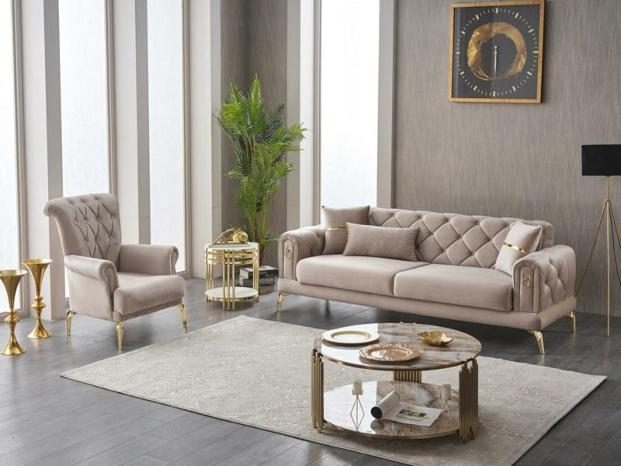 Beige Luxury 2-piece Fabric Sofa Set, Three-Seater Sofa and Armchair
