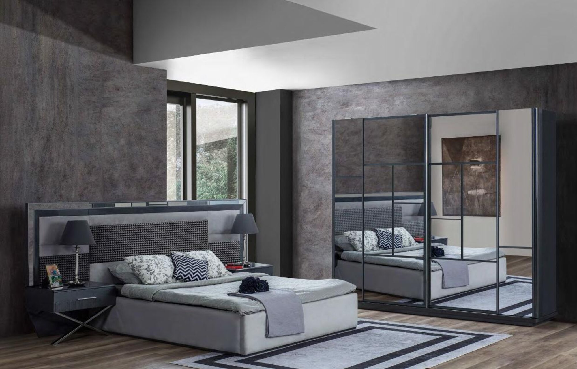 Bedroom Grey Furniture Stylish Double Bed Glass Wardrobe 4pc