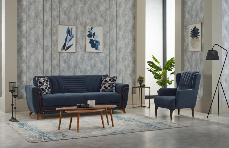 Group Couch Three-Seater Armchair 3-Seater Fabric Sofa Upholstered Sofa Blue Set