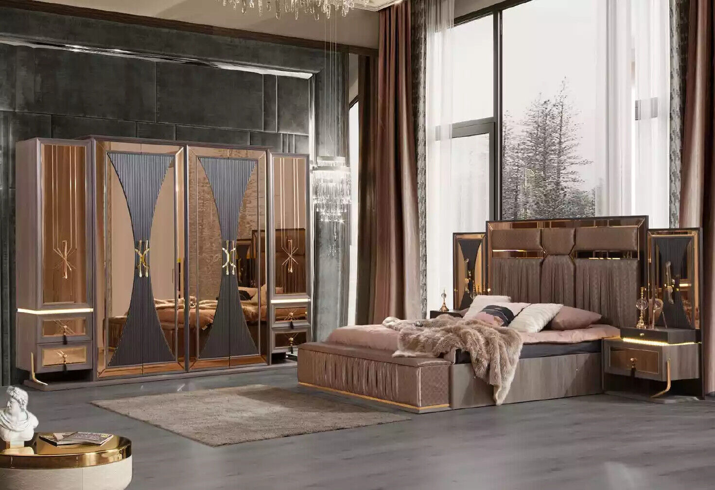 Luxury Sofa Beige Set Bedroom Double Bed Beige Set 5pcs Bed