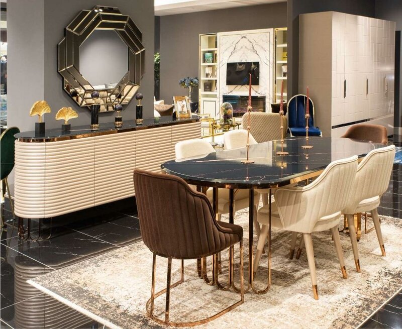 Dining set Dining area Dining table Chairs Beige Set 9pcs Luxury wood dining room