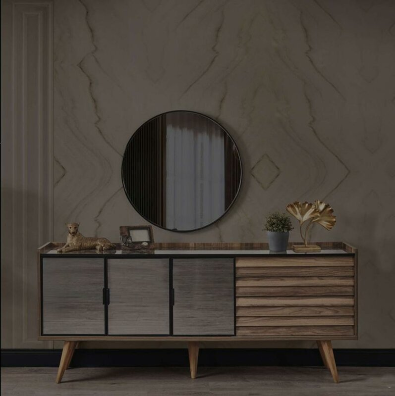 Brown dining room set Stylish sideboard Round mirror Wooden furniture 2 pcs