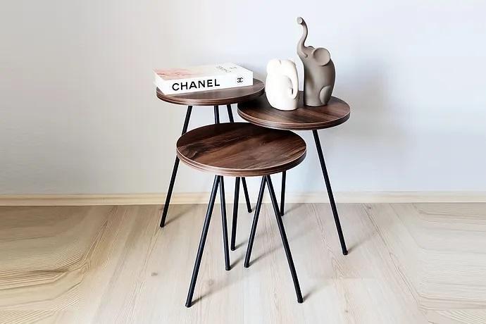 Round 3x coffee table set brown wood metal legs side table