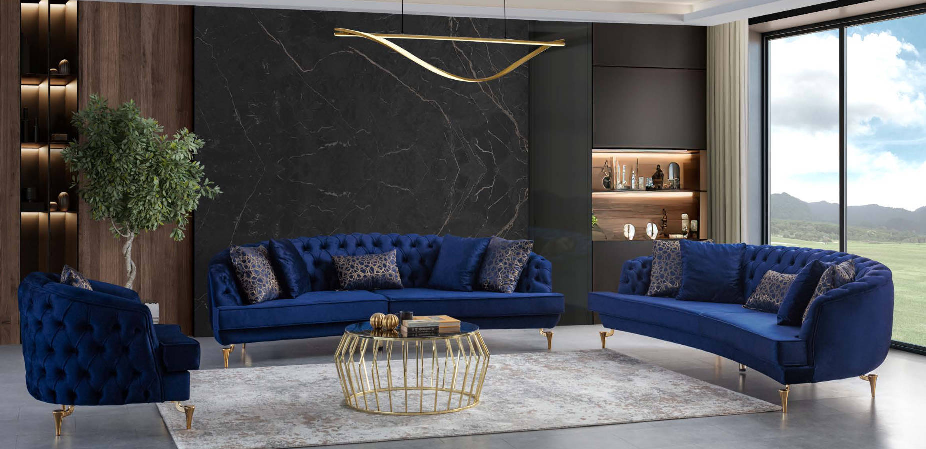 Modern Blue Chesterfield Couch Set Upholstered 4-Seater Armchair