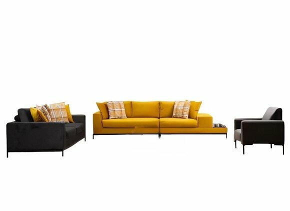 Living room set 3pcs yellow 3-seater black 2-seater armchair textile modern