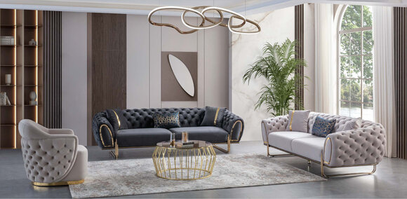 Gray and White Chesterfield Sofa Set, Modern 2x 3-Seater Upholstered Armchairs