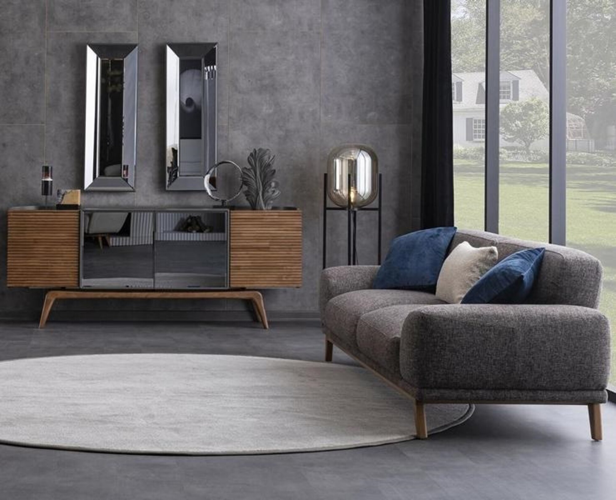 Sofa 3-seater mirrored sideboard 2x mirrored couch cabinet living room
