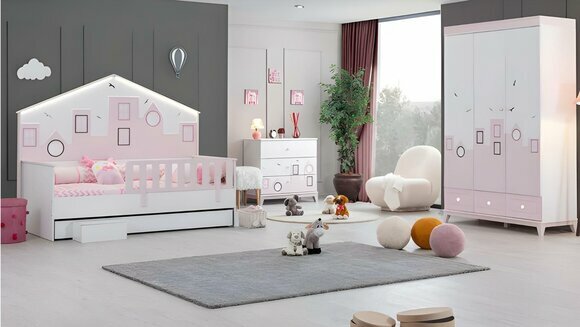 Children\'s room furniture children\'s bed pink wardrobe chest of drawers youth room wood