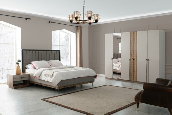Bedroom Modern Set Textile Double Bed Wooden Wardrobe 4 Pieces