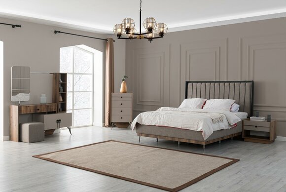 Gray bedroom set double bed 2x bedside tables wooden dressing table
