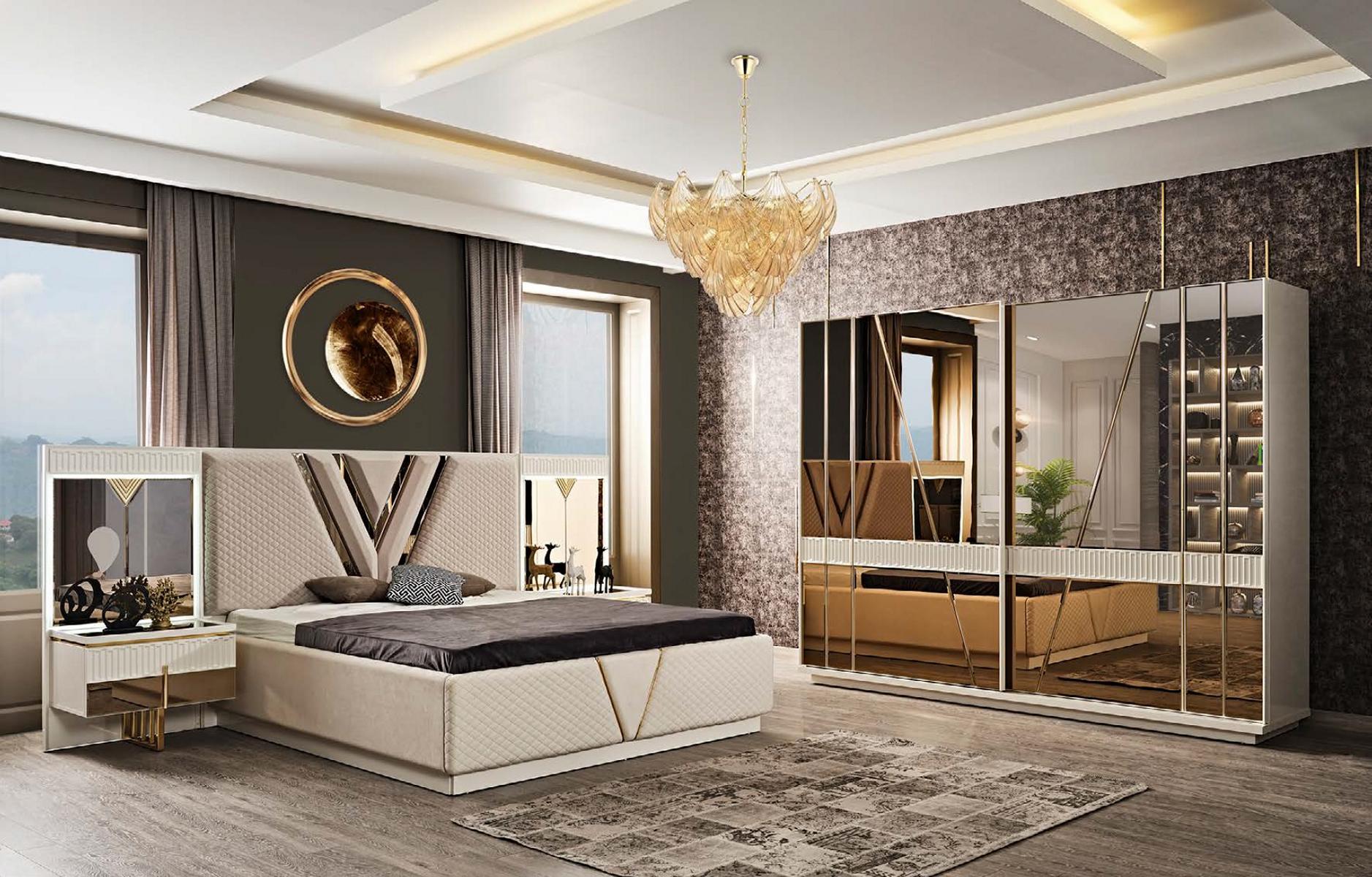 Bedroom 4-piece set upholstered bed 2x bedside tables wardrobe luxury