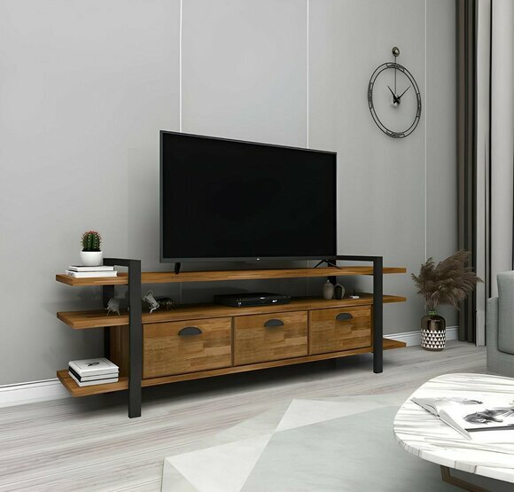 Dark brown TV stand Robust lowboard Living room wood Elegant furniture