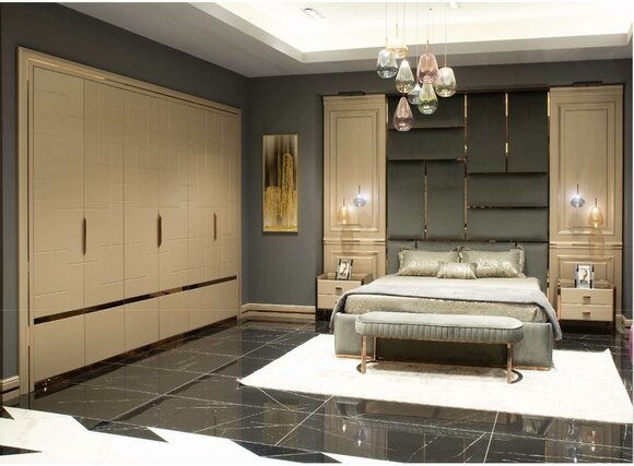 Luxury bedroom double bed bedside table set 6 pieces beige