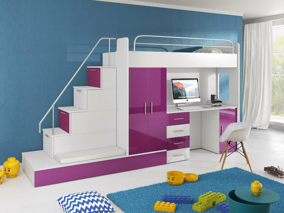 DOUBLE BUNK BED BUNK BED WITH DESK + WARDROBE - RAJ-5 PURPLE