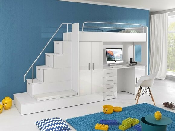 DOUBLE FLOOR BED BED SQUARE BED WITH CLOTHING DESK + CLOTHING BOARD - RAJ-5 WHITE