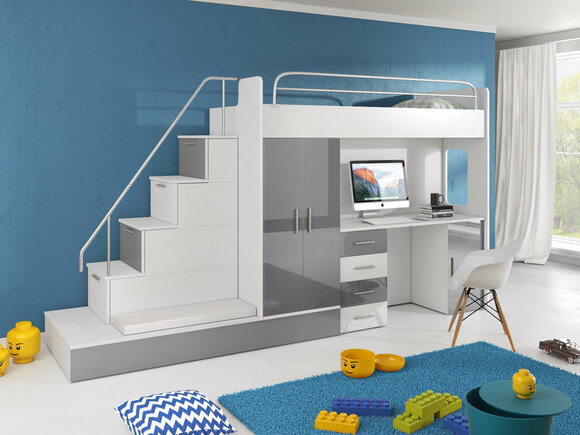 DOUBLE BUNK BED BUNK BED WITH DESK + WARDROBE - RAJ-5 GREY